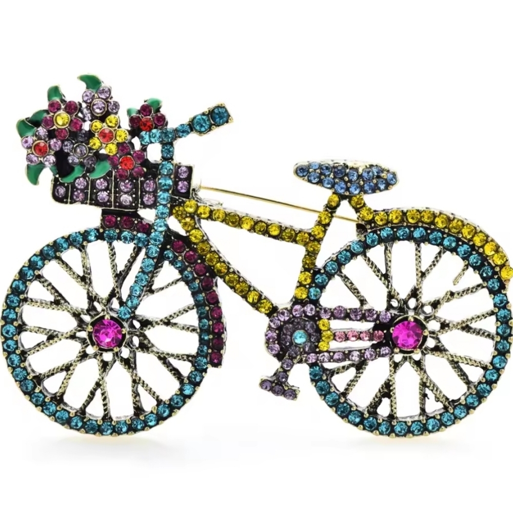 Colorful Bicycle Brooch with Rhinestones Nwot Garden Bike Flowers